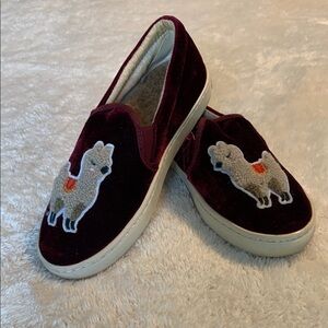 Soludos Burgundy Slip-Ons with Llama Embroidery